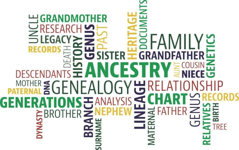 illustration of text, words at right angles associated with ancestry, genealogy, and family